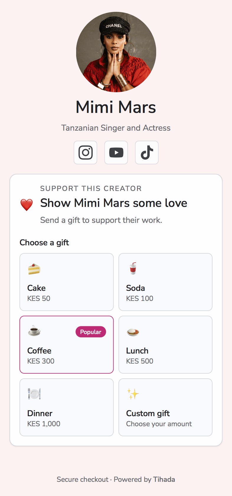 Example Tihada storefront showing Mimi Mars’s gift selection: Cake, Soda, Coffee, Lunch, Dinner, and a custom gift amount