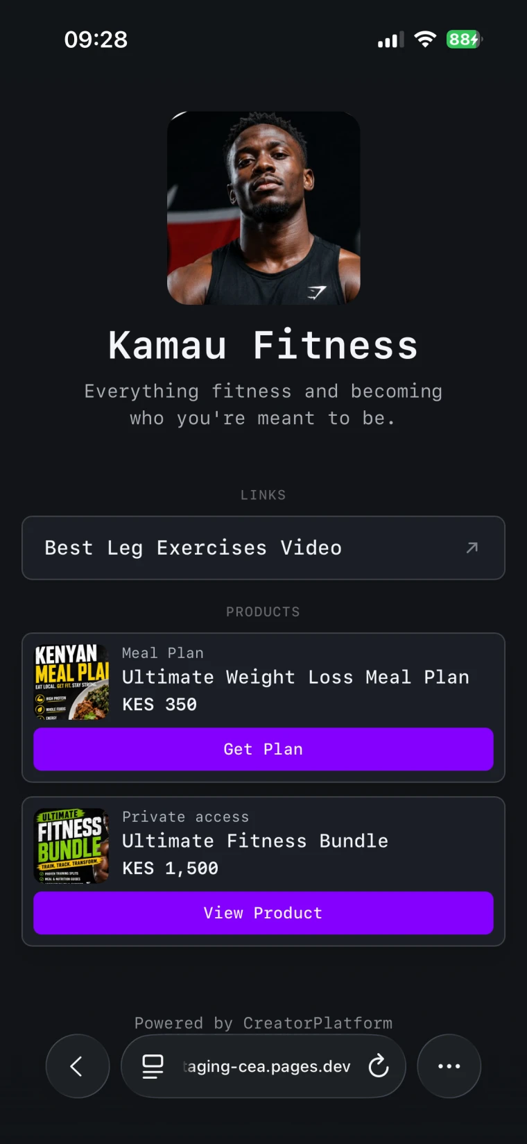Kamau Fitness storefront showing a meal plan, fitness bundle, and training link