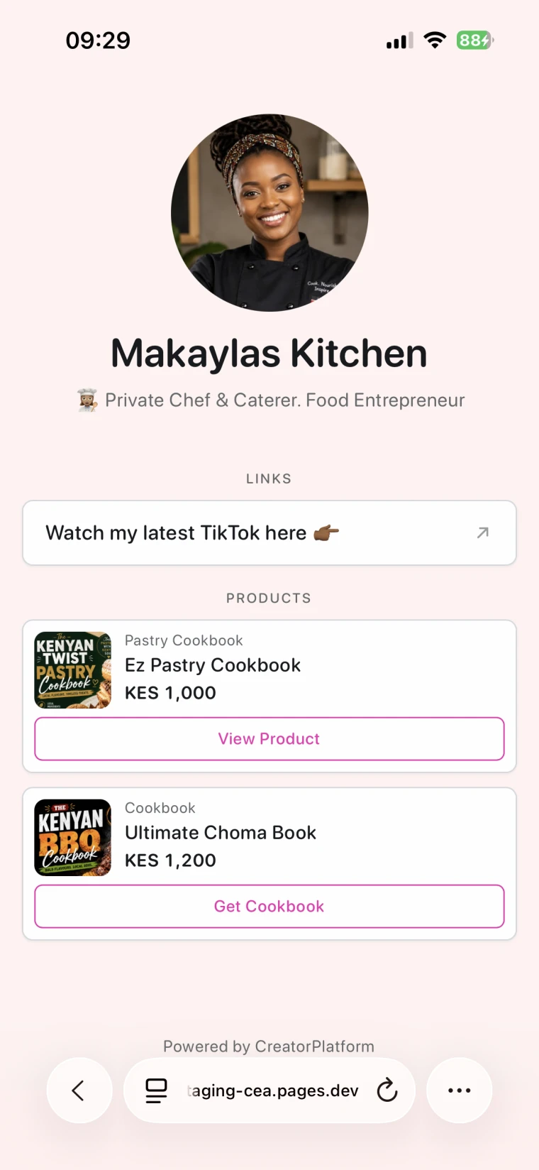 Makayla’s Kitchen storefront showing pastry and Kenyan barbecue cookbooks